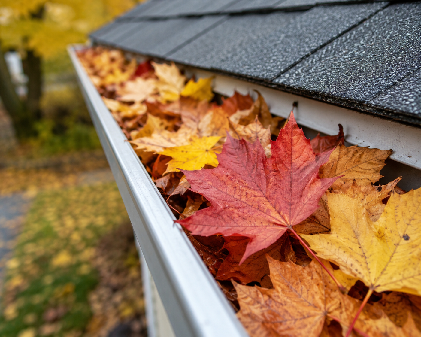 Leaves and debris being cleared from a home's gutter in Waterloo